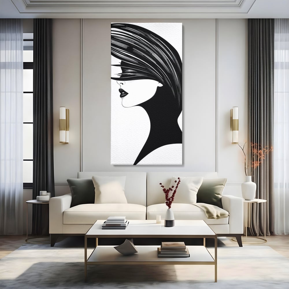 Tablou canvas cu ilustratie cu profil de femeie in alb si negru, fara rama, pe sasiu de lemn, pe perete intr-un living